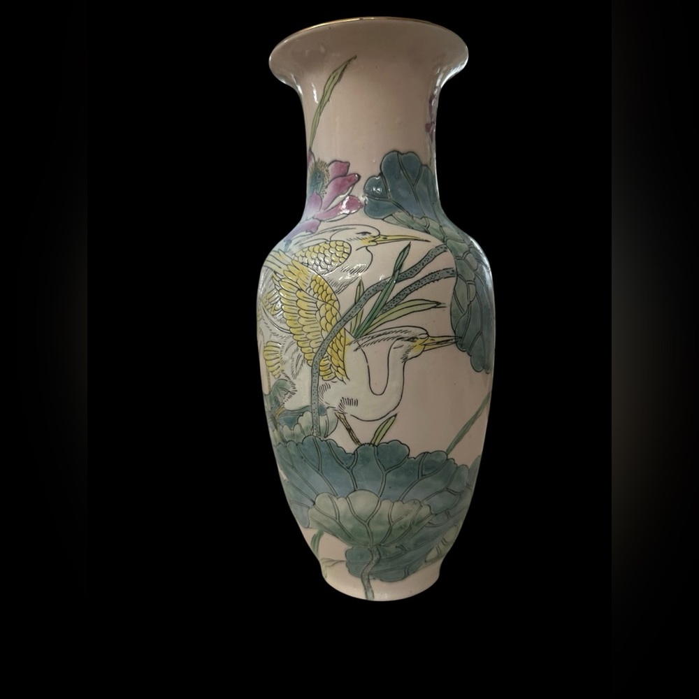Chinese Vintage Porcelain Chinoiserie Vase, Marked On Bottom, Made In Macau, 11”